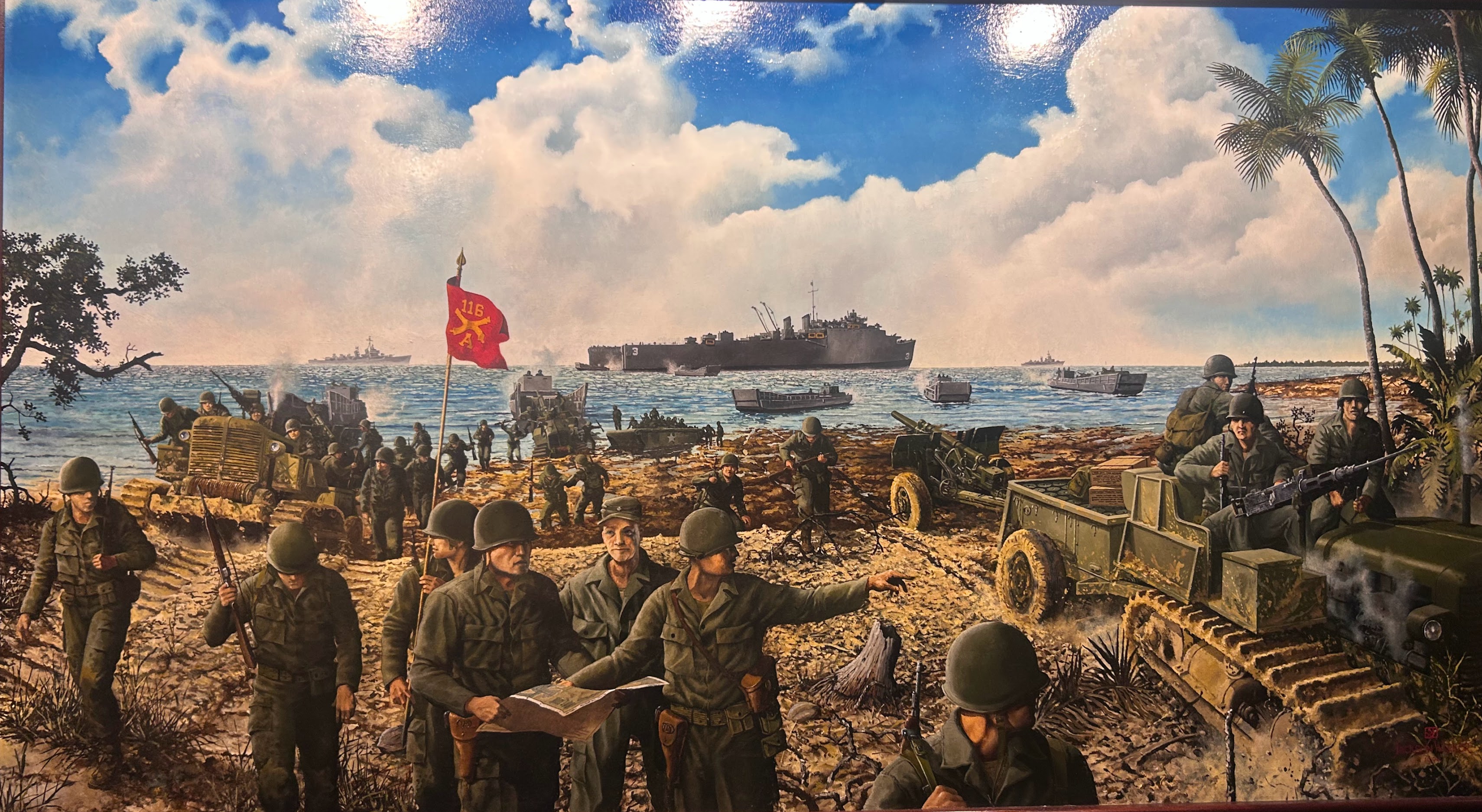Assault at Red Beach: Morotai Island — oil painting by Jackson Walker depicting the 116th Field Artillery landing in 1944