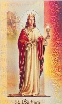 Devotional depiction of Saint Barbara, crowned and robed in red, holding a chalice beside her three-windowed tower with a cannon at her feet.